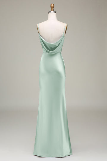 Vestido de dama de honor largo de satén con correas de espagueti de vaina Salvia Polvorienta